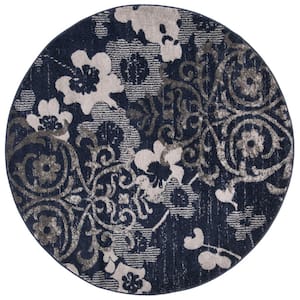 Adirondack Navy/Silver 6 ft. x 6 ft. Round Floral Area Rug