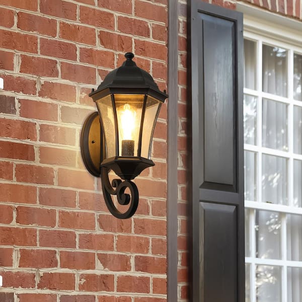 19 in. 1-Light Black Hardwired Outdoor Wall Light Sconce,Exterior Rustproof Wall Lantern Light Fixture with Glass Shade
