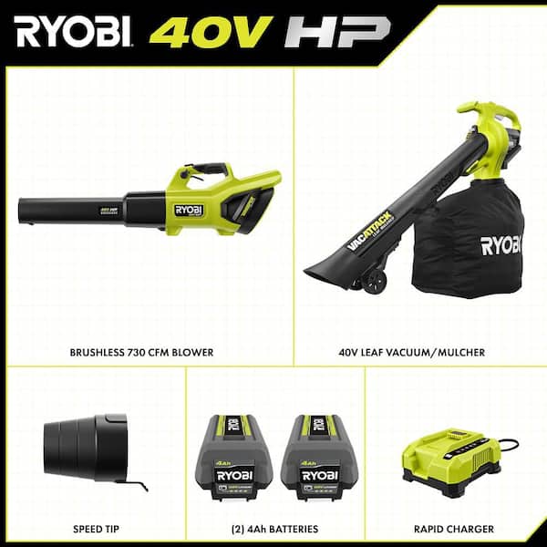 40V HP Brushless Whisper Series Cordless 730 CFM 190 MPH Blower and Vacuum/Mulcher with (2) 4.0 Ah Batteries and Charger