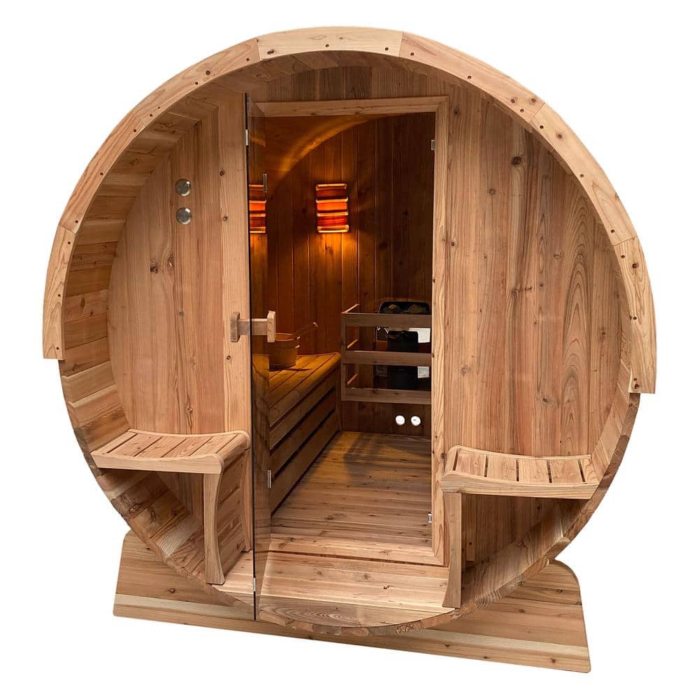 Natural Cedar 4-Person Outdoor Barrel Sauna with 4.5 kW Heater