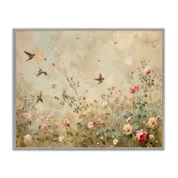 Stupell Industries Swallows in Flower Meadow by Arlington Prints Gray Framed Nature Giclee Art Print 11 in. x 14 in.