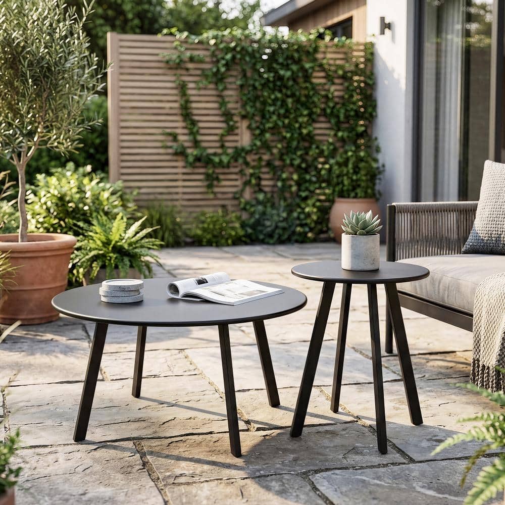 27 in. Black Round Iron Nesting Outdoor Coffee Table Set with Side Table, Set of 2 price history on PriceWatchPro