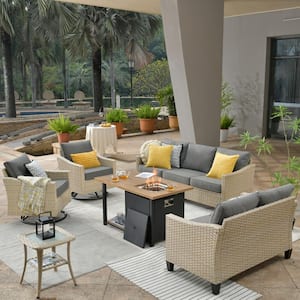 Camellia E Beige 6-Piece Wicker Patio New Style Fire Pit Seating Set with Dark Gray Cushions and Swivel Rocking Chairs