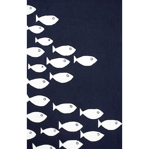School of Fish Playmat Navy Doormat 3 ft. x 5 ft. Indoor/Outdoor Patio Area Rug