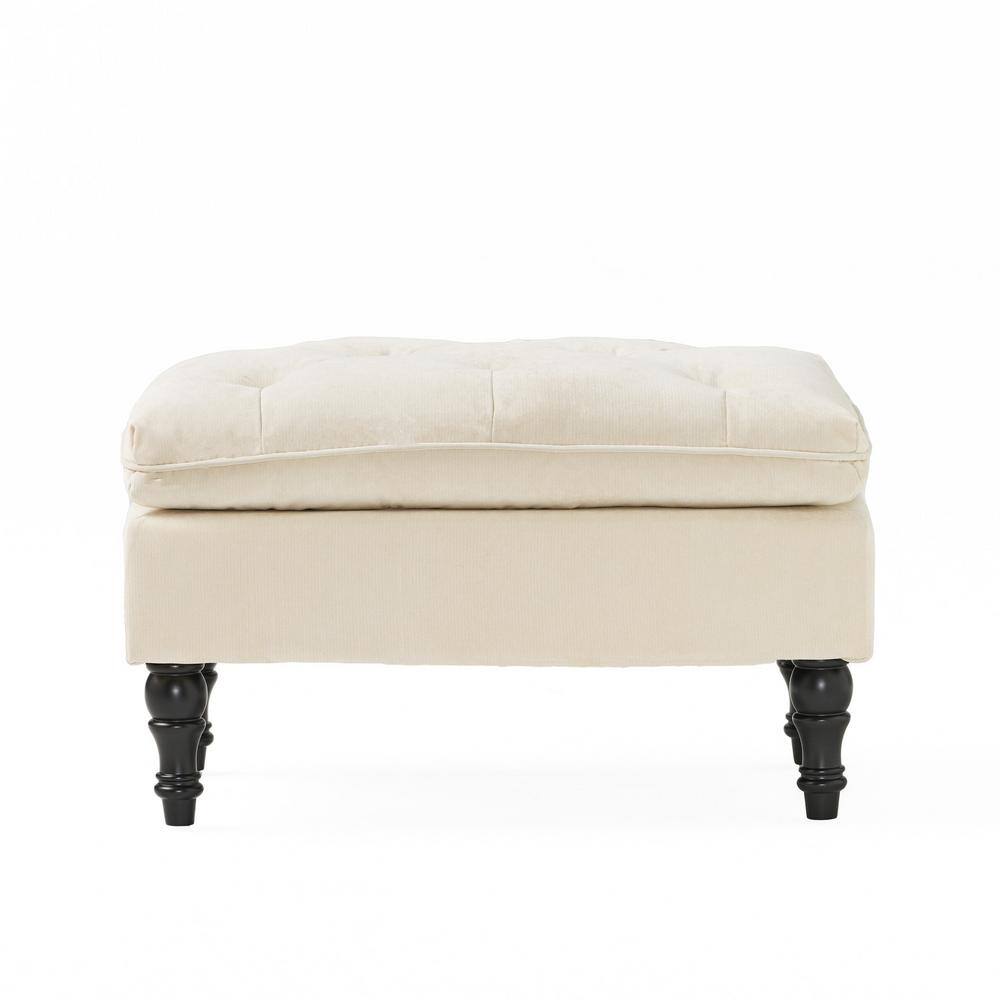 Cream Tufted Fabric and Wood Rectangular Ottoman