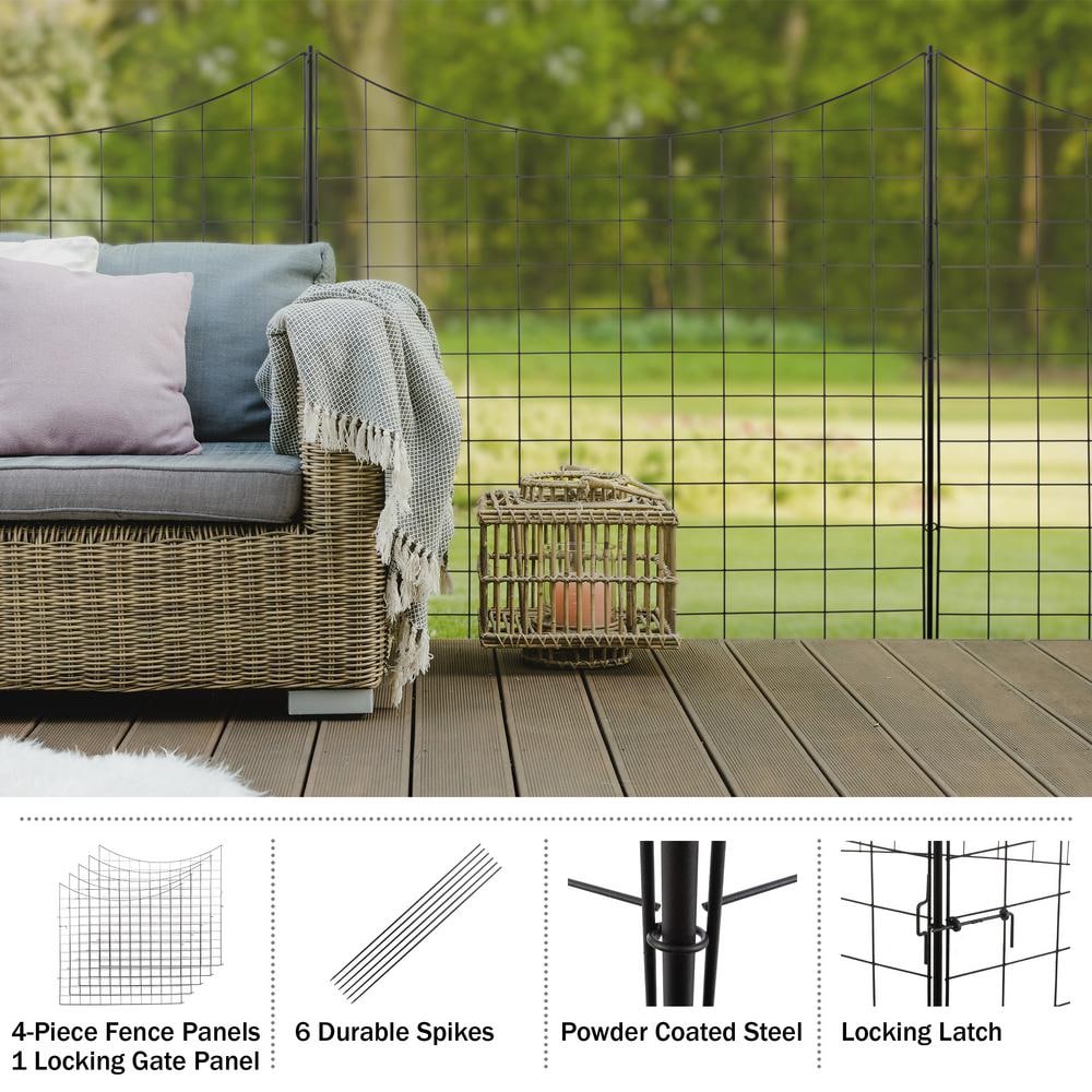 Pure Garden Black Metal No Dig Garden Fence with Gate