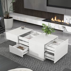 50.4 in. White Rectangle Wood Extendable Tabletop Coffee Table with 4 Drawers