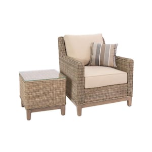 Alisa Light Brown Wicker Outdoor Lounge Chair with Beige Cushions and Side Table