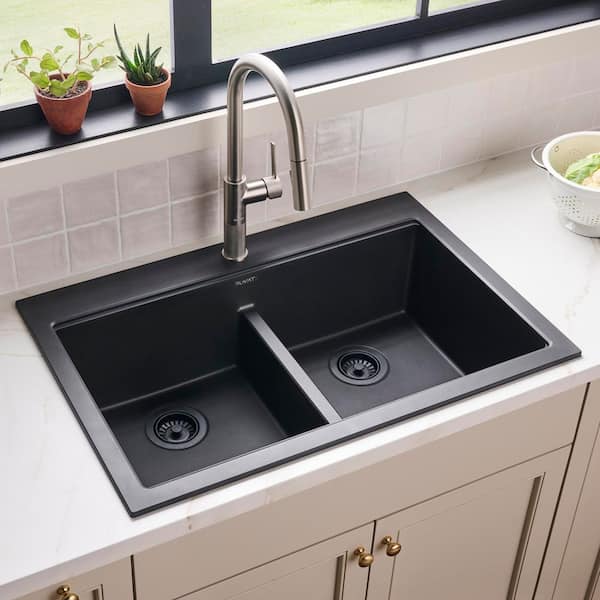 EpiGranite 33 in. Drop-in 50/50 Double Bowl Kitchen Sink in Midnight Black Granite Quartz Composite