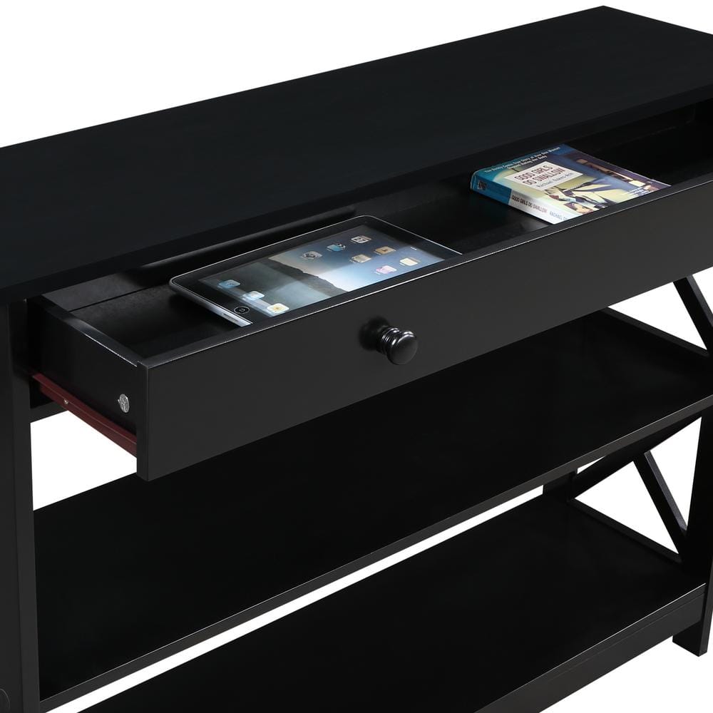 Oxford Transitional Black Wood Console Table with Drawer and Shelves