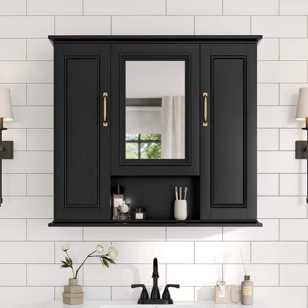 36 in. W x 28 in. H Black Rectangular Solid Wood Frame Wall Mounted Medicine Cabinet with Mirror