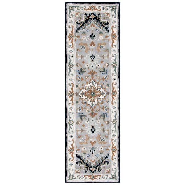 Heritage Gray/Navy 2 ft. x 6 ft. Border Floral Medallion Runner Rug