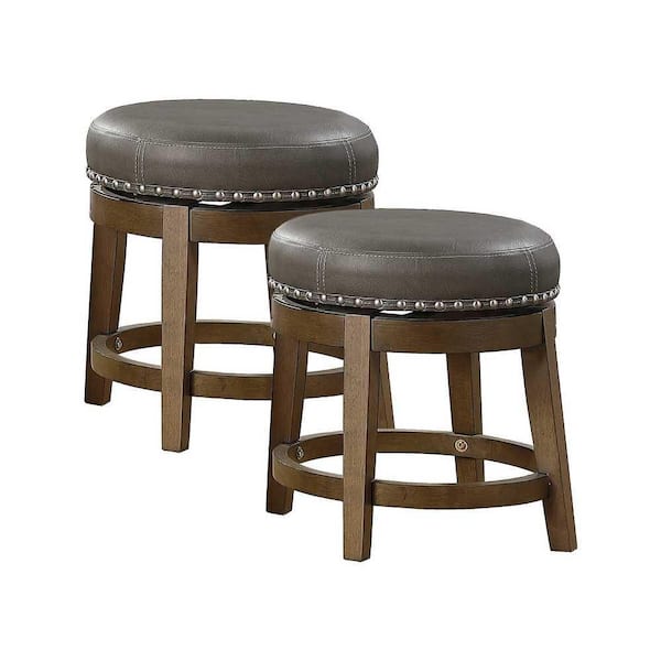 EVERGLADE HOME Paran 19.5 in. Brown Backless Wood Frame Round Swivel Dining Bar Stool with Gray Faux Leather Seat (Set of 2)