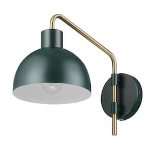 Dimitri 1-Light Matte Green Plug-In or Hardwired Wall Sconce with Antique Brass Accent and Black Fabric Cord
