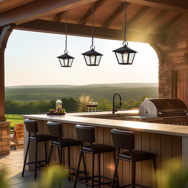 Farmhouse Black Outdoor Pendant Light, Jared 8.5 in. 1-Light Modern Cage Outdoor Ceiling Light with Seeded Glass Shade