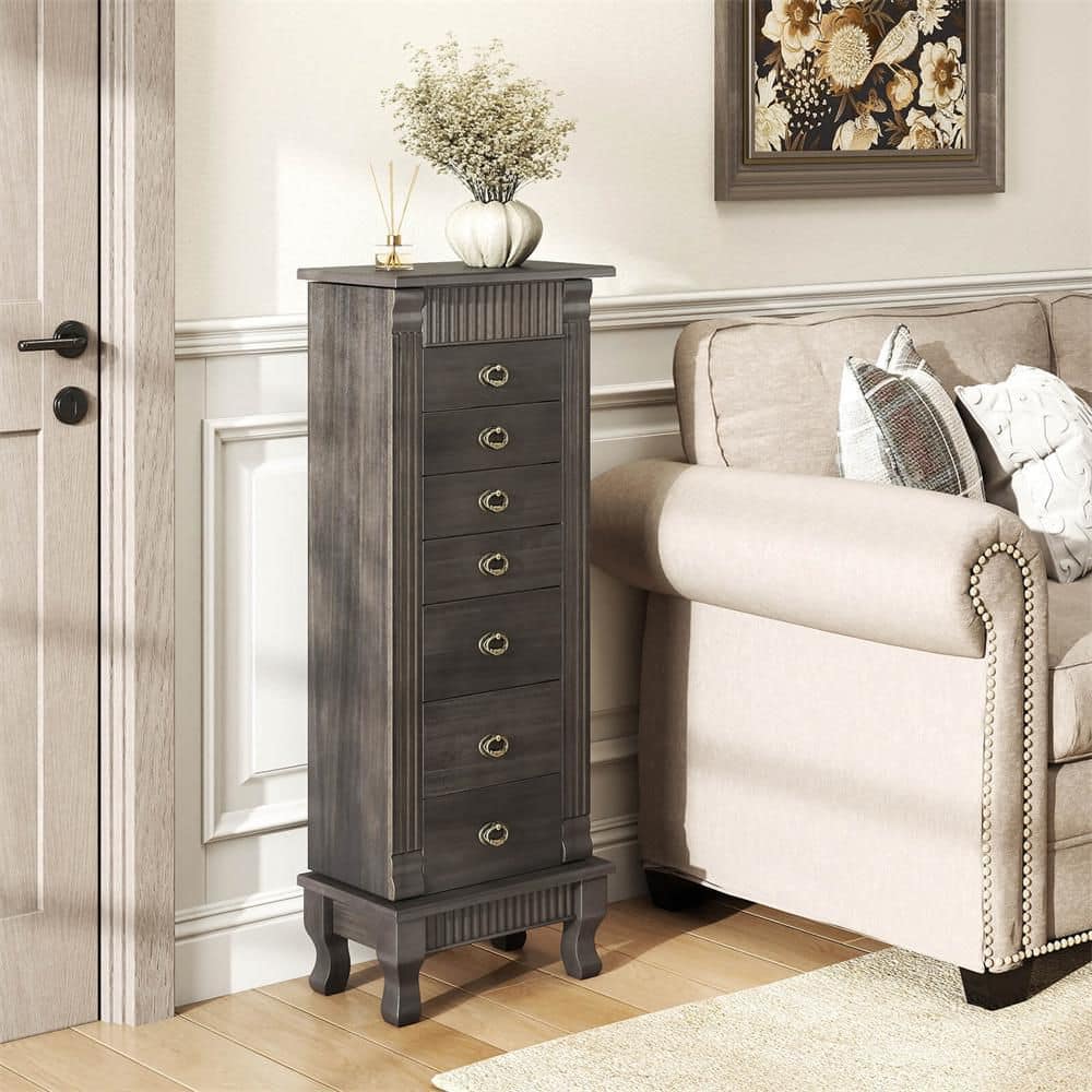 Gray Wood Free Standing 15 in. W Jewelry Armoire Box with Necklace Hooks, Storage Chest Stand Organizer Christmas