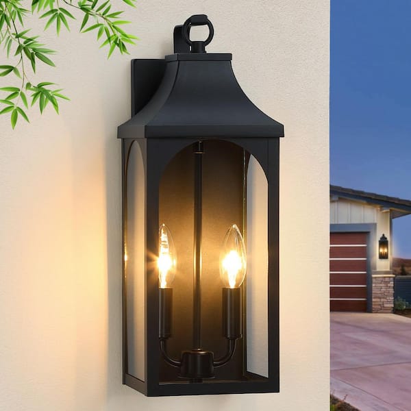 17 in. 2-Light Large Black Outdoor Wall Lantern Sconces Light with No Bulbs Included