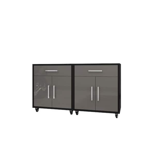 Manhattan Comfort Eiffel 56.7 in. W x 34.41 in. H x 17.72 in. D 2-Shelf Mobile Freestanding Cabinet in Black and Grey (Set of 2)