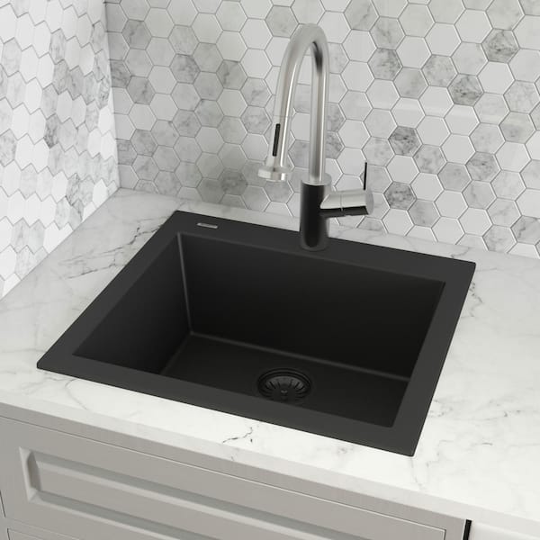 EpiGranite 24 in. Drop-in Single Bowl Bar Sink in Midnight Black Granite Quartz Composite