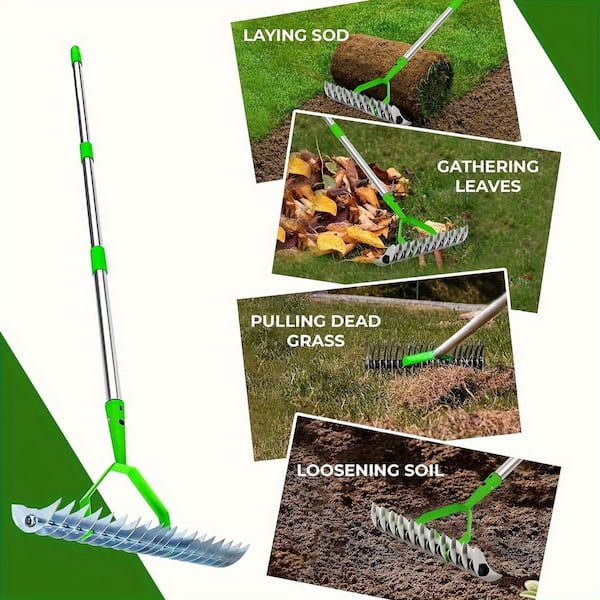 Siavonce 52.8 in. Thatch Rake, Efficient Steel Metal Lawn Grass