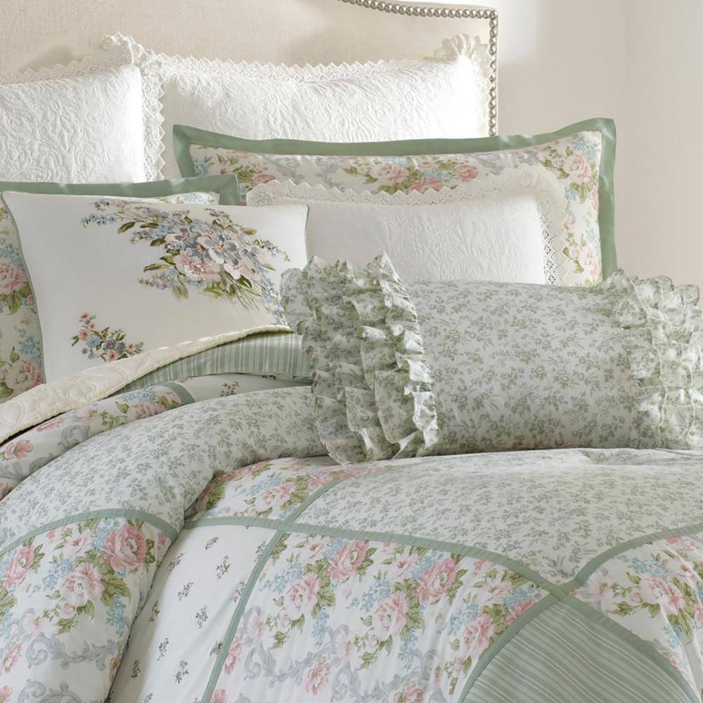 Harper Pale Green Floral Embroidered Rectangular Throw Pillow