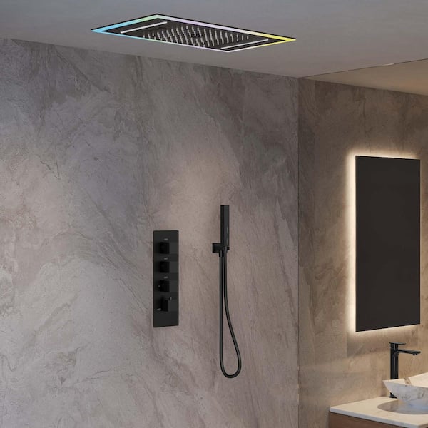 LED Shower System Kit 3-Spray Ceiling Mount 25 in. Fixed and Handheld Shower Head Bluetooth Music in Matte Black