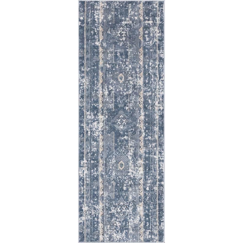 Blue and Ivory Geometric Synthetic Runner Rug