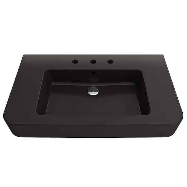 BOCCHI Parma Wall-Mounted Matte Black Fireclay Bathroom Sink 33.5 in. 3-Hole with Overflow