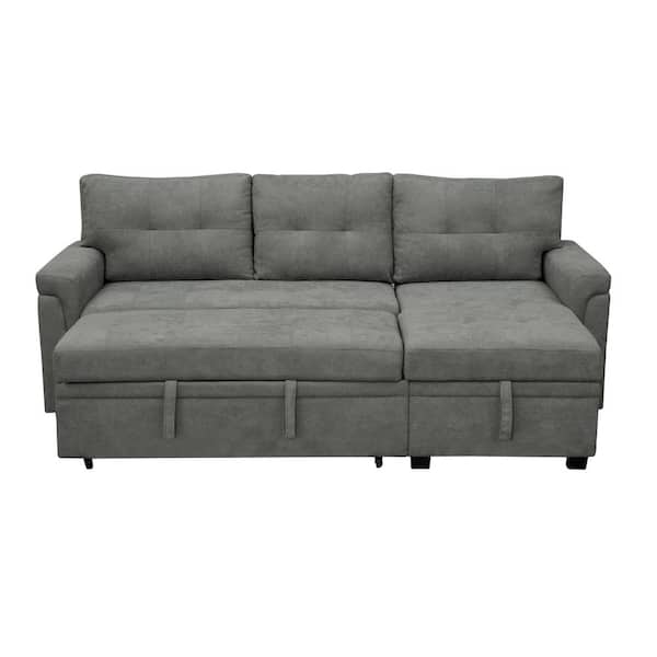 HOMESTOCK - 84.64 in. Velvet L-Shaped Sleeper Sectional Sofa with Square Arms in. Gray, Reversible Chaise, and Pull-out Sofa Bed