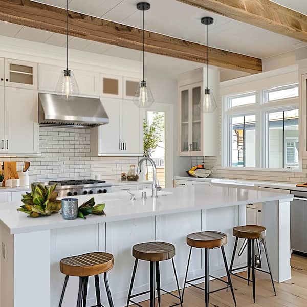 Modern Farmhouse 1-Light Black Kitchen Island Pendant Light, Pear-Shaped Hanging Light with Clear Striped Glass Shade
