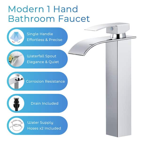 Waterfall Single Handle Vessel Sink Faucet with Pop-Up Drain in Polished Chrome