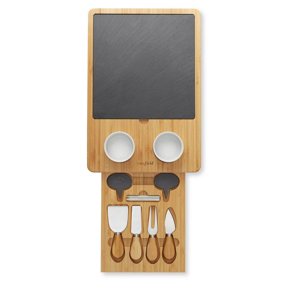 Bamboo Charcuterie Cheese Board Set with Slate and Ceramic Bowls
