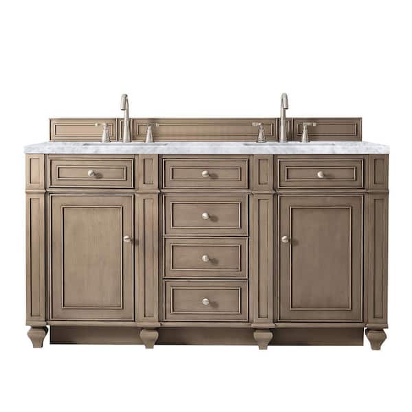 James Martin Vanities Bristol 60 in. W x 23.5 in.D x 34 in. H Double Vanity in Whitewashed Walnut with Marble Top in Carrara White