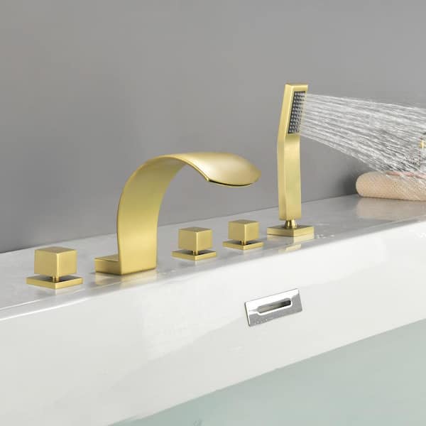 WOWOW Brushed Gold Waterfall Freestanding Tub Filler With Hand Shower - View #10