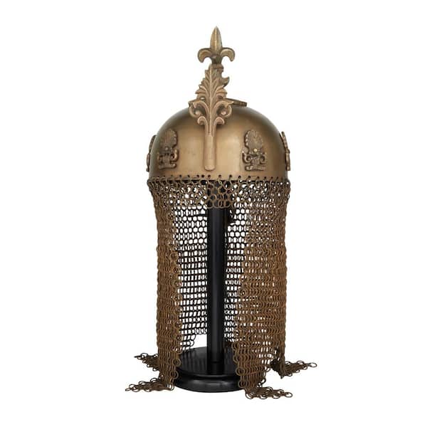 Litton Lane Brass Metal Replica Medieval Ottoman Islamic Helmet with Black Wood Stand and Chainmail