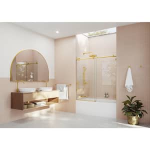 56 in. W x 60 in. H Sliding Frameless Bath Tub Shower Door in Satin Brass Finish