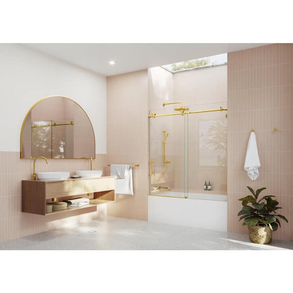 Glass Warehouse 56 in. W x 60 in. H Sliding Frameless Bath Tub Shower Door in Satin Brass Finish