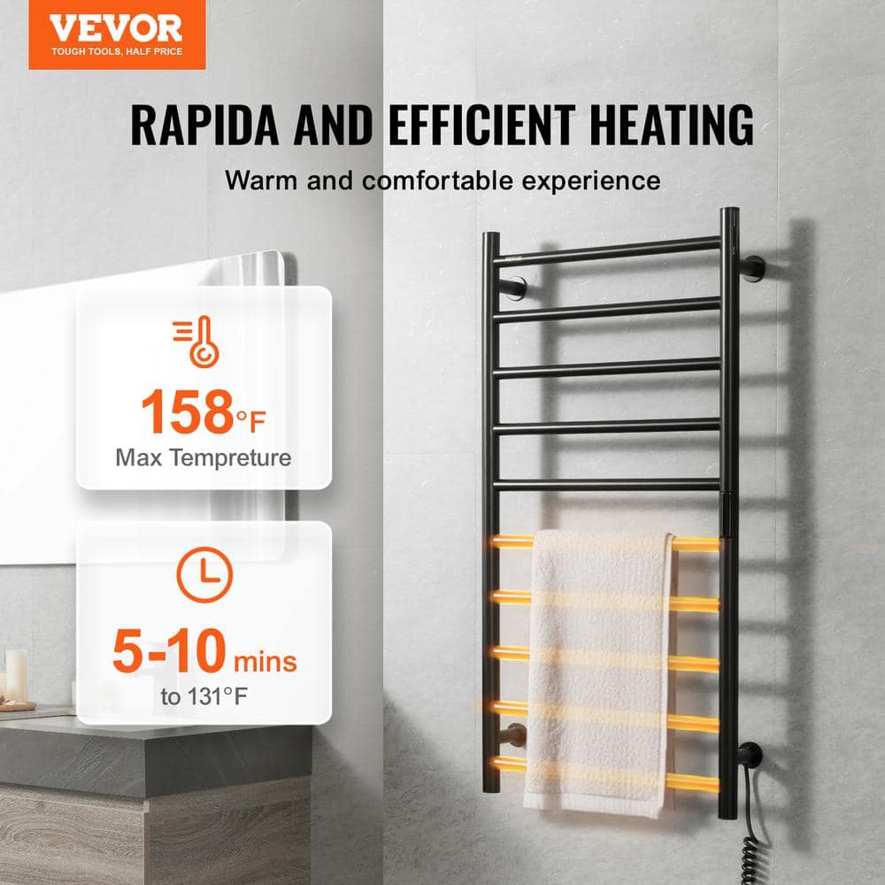 Black Stainless Steel 10-Bar Wall Mounted Heated Towel Rack