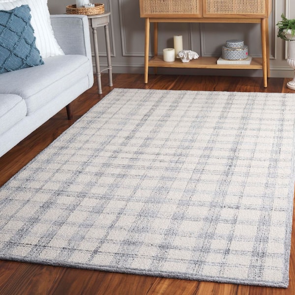 Abstract 3 ft. x 5 ft. Ivory/Gray Border Plaid Area Rug