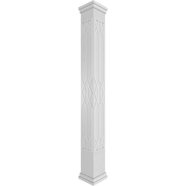 Ekena Millwork 9-5/8 in. x 8 ft. Premium Square Non-Tapered Riviera Fretwork PVC Column Wrap Kit with Prairie Capital and Base