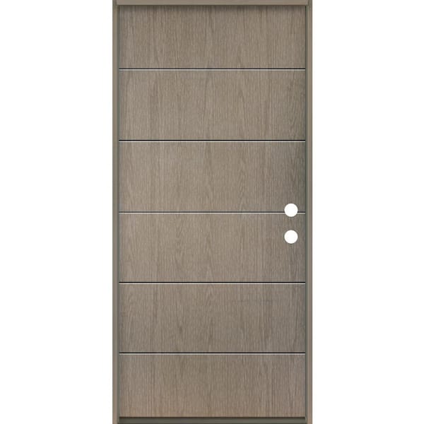 Krosswood Doors TETON Modern 36 in. x 80 in. Left-Hand/Inswing 6-Grid Solid Panel Oiled Leather Stain Fiberglass Prehung Front Door
