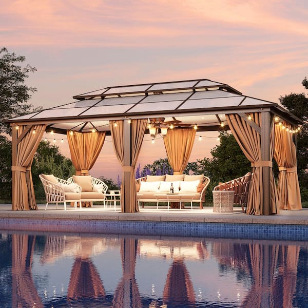 Brown Hardtop Gazebo 12 ft. x 20 ft., Aluminum Frame Permanent Pavilion with Curtains and Netting