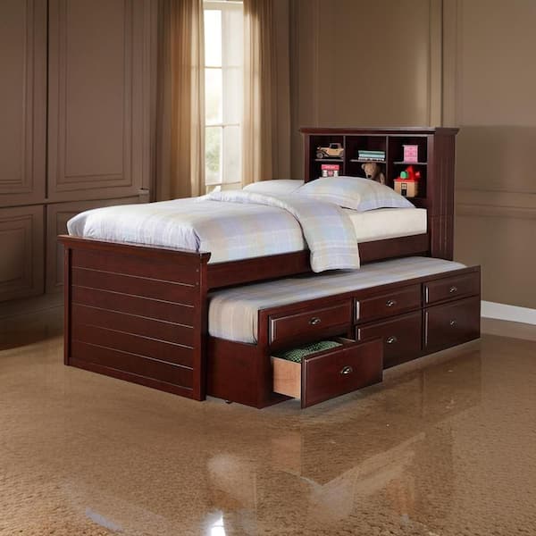 Benjara Toni Brown Wood Frame Twin Size Platform Bed with 6 Drawers
