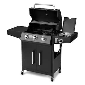 3-Burner Portable Propane Gas Grill in Black with Side Table