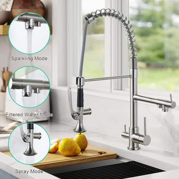 Double Handle 3 in 1 Solid Brass Pull Down Sprayer Kitchen Faucet with Drinking Water and Deckplate in Brushed Nickel