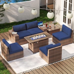 7-Piece Outdoor Fire Pit Patio Set, Patio Sectional Set with Fire Pit Table, Coffee Table, Blue Cushions, Set Covers