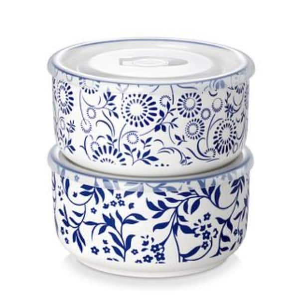 32 oz. 6 in. Blue and White Porcelain Bowls Set of 2 Floral Pattern Food Storage Bowl Set for Pasta Cereal Salad Fruit