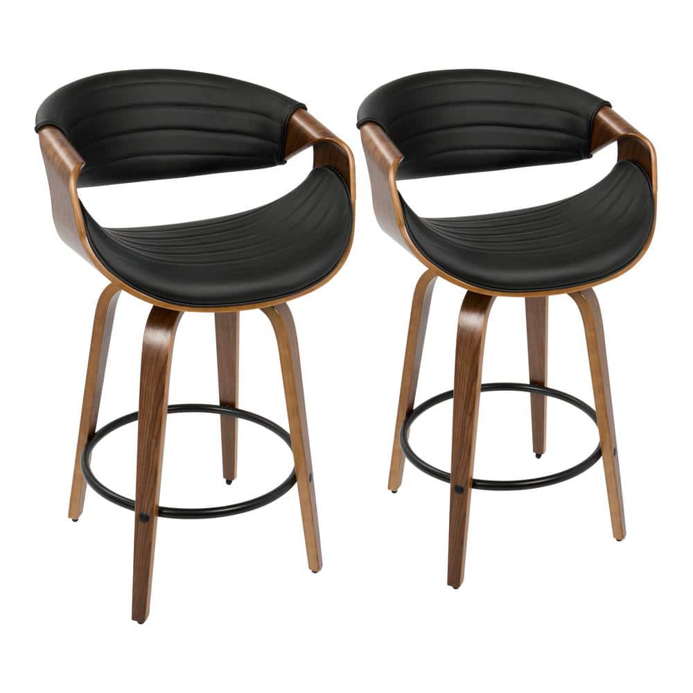 Walnut and Black Swivel Faux Leather Counter Stool Set