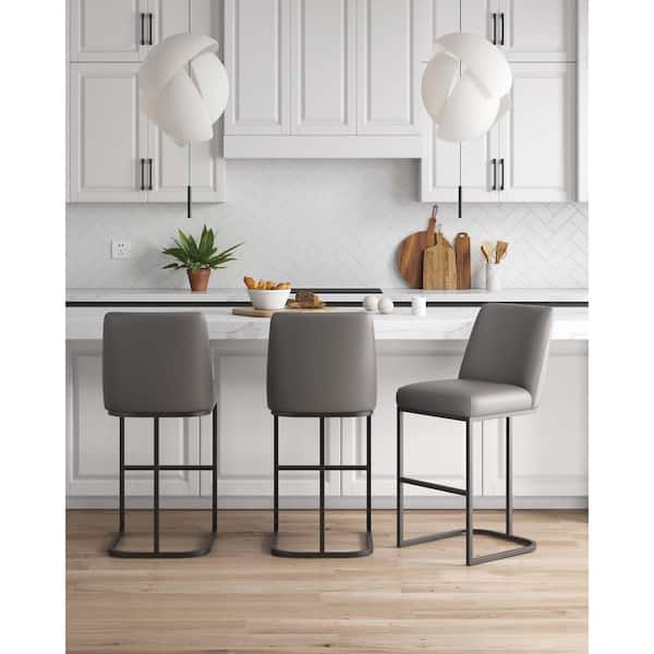 Manhattan Comfort Serena Modern 29.13 in. Grey Metal Bar Stool with Leatherette Upholstered Seat (Set of 3)
