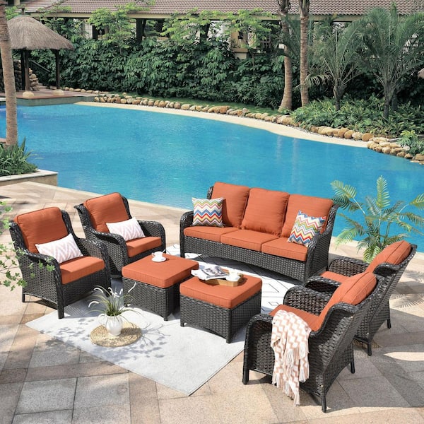 XIZZI Santorini Brown 7-Piece Wicker Outdoor Patio Conversation Seating Sofa Set with Orange Red Cushions